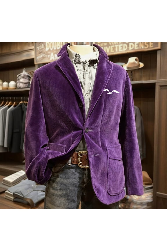 Mens Casual Corduroy Blazer 2025 Vintage Slim Fit 3 Button Plaid Sport Coat Long Sleeve Suit Jacket Purple XL