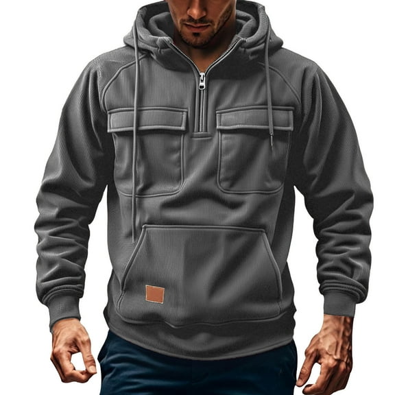 Mens Casual Corduroy Hooded Sweatshirt Long Sleeve Pullover Hoodie With Pocket Gray XXL