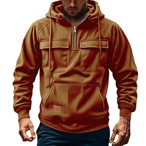 Mens Casual Corduroy Hooded Sweatshirt Long Sleeve Pullover Hoodie With Pocket Orange S