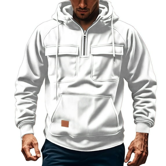 Mens Casual Corduroy Hooded Sweatshirt Long Sleeve Pullover Hoodie With Pocket White XL