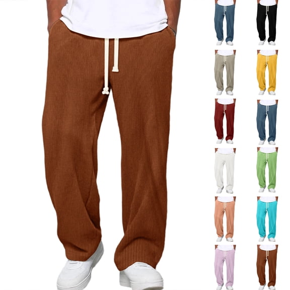 Mens Casual Corduroy Pants Lightweight Elastic Waist Drawstring Pants Straight Baggy Pants with Pockets Brown S