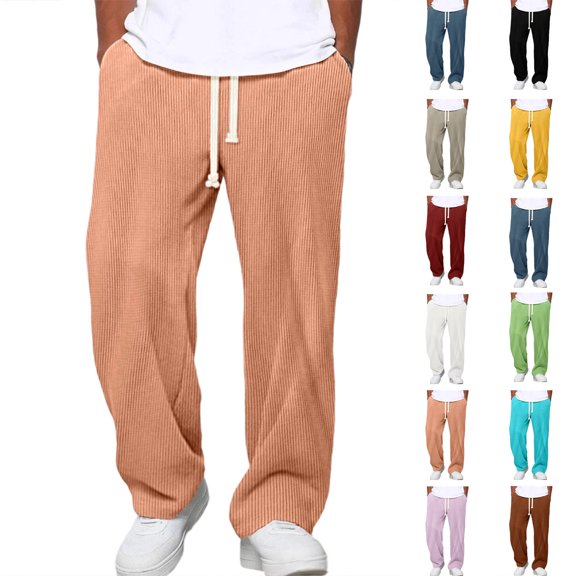 Mens Casual Corduroy Pants Lightweight Elastic Waist Drawstring Pants Straight Baggy Pants with Pockets Pink S