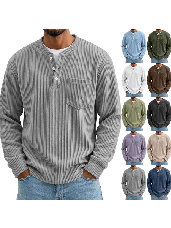 Mens Casual Corduroy Shirt Henley Long Sleeve Button Pullover Relaxed Fit Textured Sweatshirt Chest Pocket for Travel Work