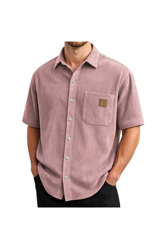 Mens Casual Corduroy Short Sleeve Shirt With Leather Patch Pocket Clothes