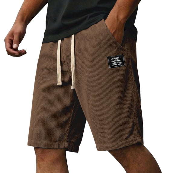Mens Casual Corduroy Shorts Elastic Waist Drawstring Lightweight Embroidered Logo Shorts Summer Beach Shorts