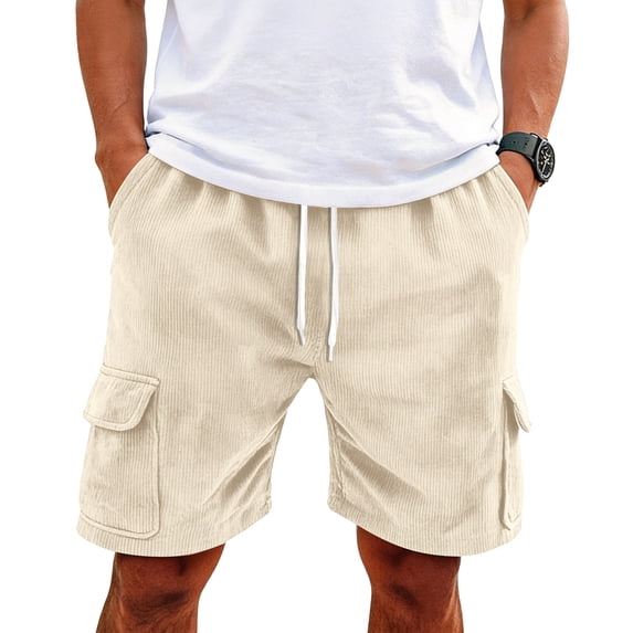 Mens Casual Corduroy Shorts Elastic Waistband Drawstring Shorts Summer Jogging Sport Shorts With Multi Pockets Beige S