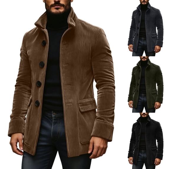 Mens Casual Corduroy Suit Jacket Single Breasted Stand Collar Peacoat Thick Fall Winter Warm Business Blazer Sport Coats Size 3XL Brown