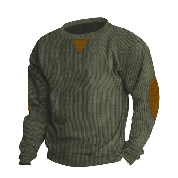 Mens Casual Corduroy Sweater with Unique Triangular Applique and Round Reinforced Elbow Patches Army Green XL