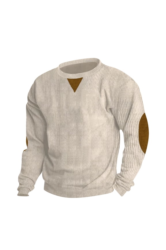 Mens Casual Corduroy Sweater with Unique Triangular Applique and Round Reinforced Elbow Patches Beige M