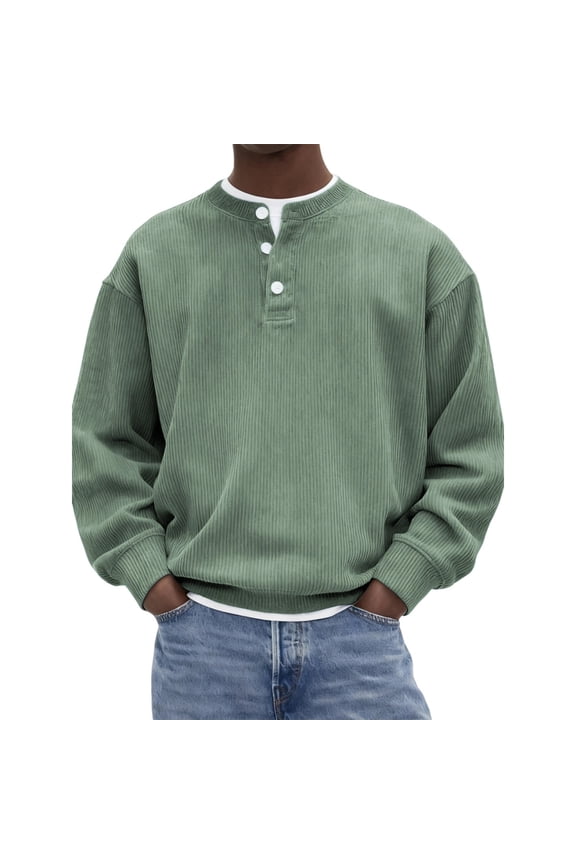 Mens Casual Corduroy Sweatshirt Long Sleeve Round-neck 1/4 Button Up Pullover Polo Sweaters Men Loose Fit Top