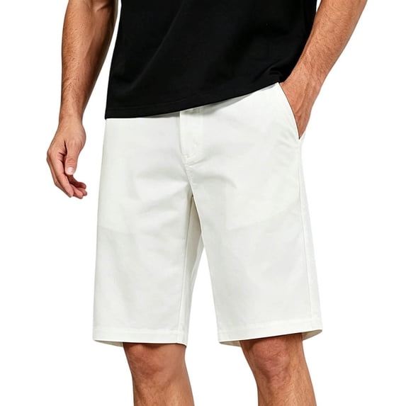 Mens Casual Cotton Dress Shorts Button 9 inch Chino Shorts Stretch Elastic Waist Summer Beach Business Golf Shorts Size S-5XL White