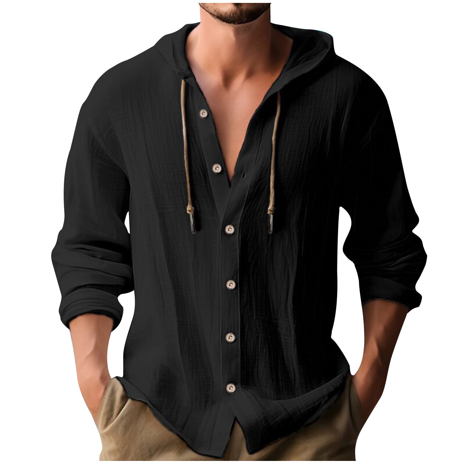 Mens Casual Cotton Linen Hoodie Solid Color Long Sleeve Button Down Hippie Shirts Fashion Loose Fit Beach Yoga Shirt Walmart