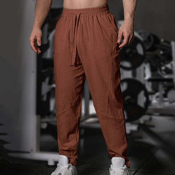 Mens Casual Cotton Linen Pants Elastic Waist Drawstring Lounge Travel Athletic Comfortable Track Tapered Pant Loose Lightweight Yoga Pants with Pockets