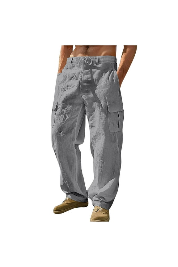 Mens Casual Cotton Linen Pants Quick Dry Loose Fit Elastic Drawstring Waist Straight-Legs Summer Yoga Beach Long Pants S-3XL