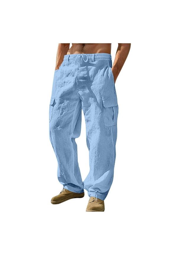 Mens Casual Cotton Linen Pants Quick Dry Loose Fit Elastic Drawstring Waist Straight-Legs Summer Yoga Beach Long Pants S-3XL