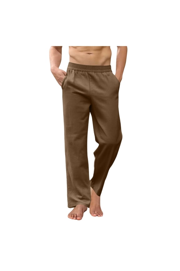 Mens Casual Cotton Linen Pants Relaxed Fit Elastic Waist Straight Legs Summer Yoga Beach Long Pants Big and Tall Size S-4XL Coffee