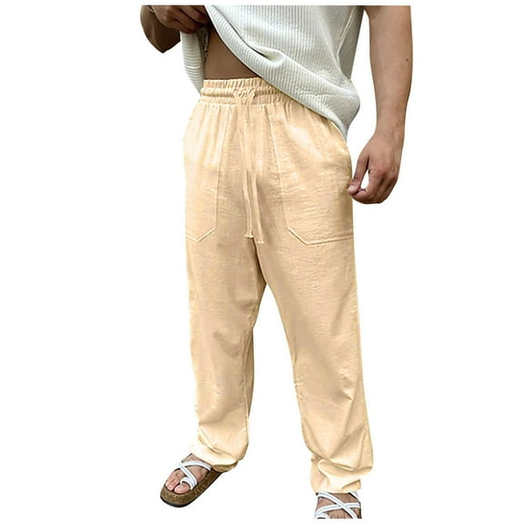 ZQUUVOU Mens Casual Cotton Linen Pants With Pockets Elastic Waist Drawstring Long Pants Khaki
