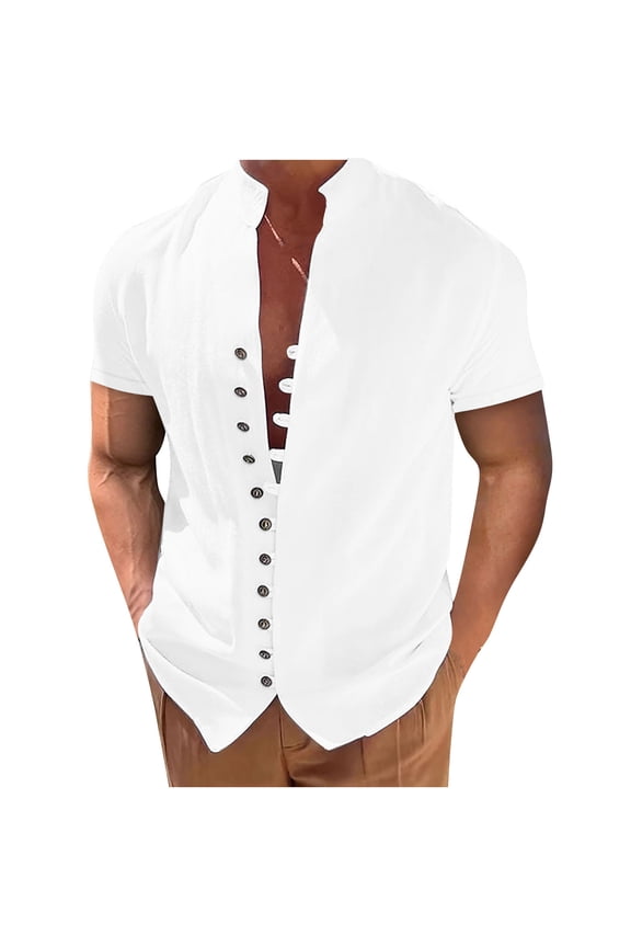 Mens Casual Cotton Linen Shirt Short Sleeve Button Down Shirt Summer Beach Hawaiian Shirts Stand Collar Guys Solid Color Tops