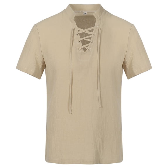 Mens Casual Cotton Linen Short Sleeve Shirt Slanted Placket Vintage Beach Tops