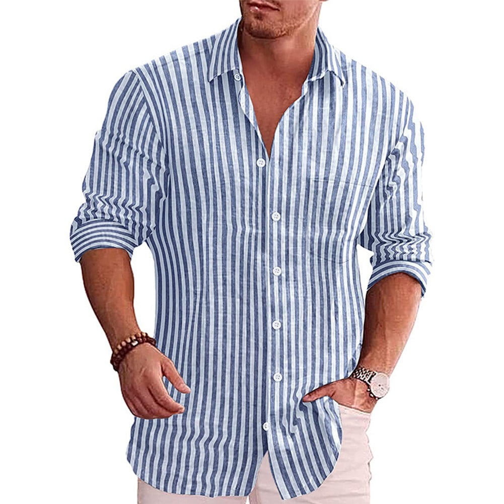 Mens Casual Cotton Striped Long Sleeve Linen Shirt Band Collar Button Down  Shirt
