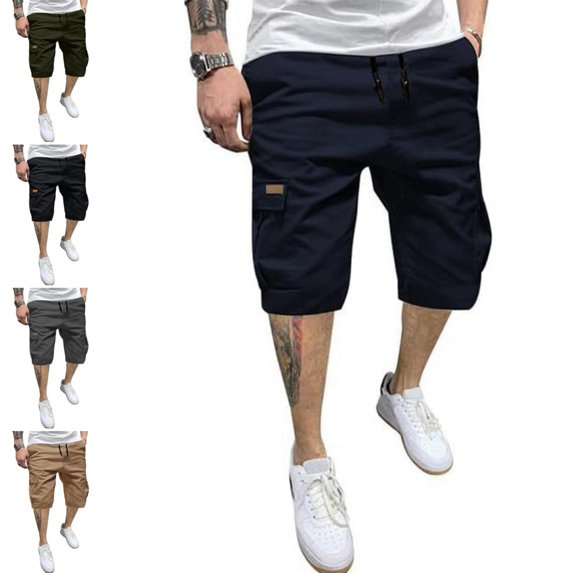 Mens Casual Cotton Twill Cargo Shorts New fashion Drawstring Elastic Waist Classic Chino Stretch Short with 6 Pockets Navy L