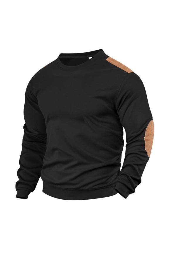 Mens Casual Crewneck Sweatshirt Elbow Patch Western Long Sleeve Shirt Fleece Pullover Fall Winter Top