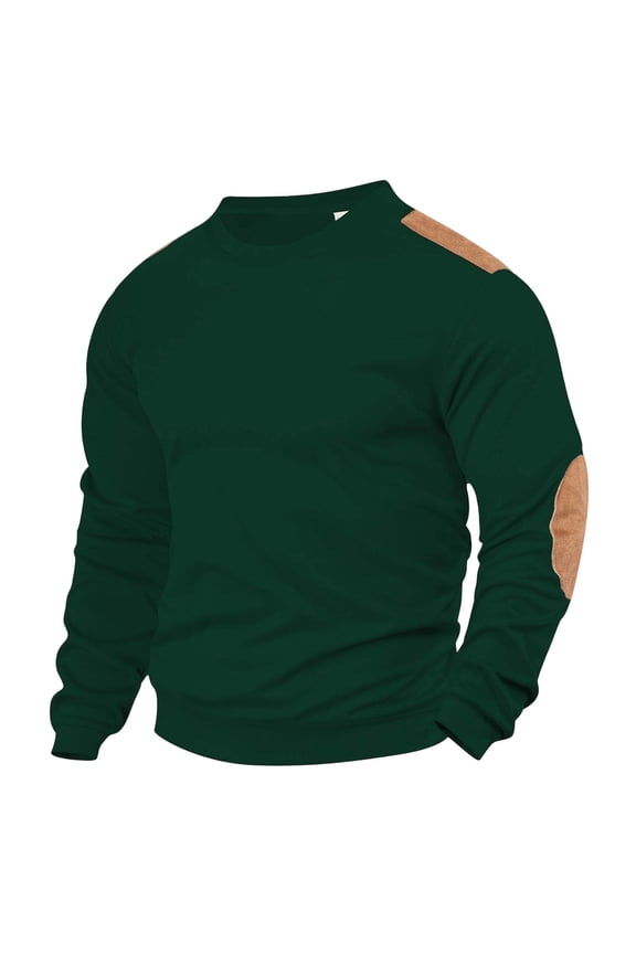 Mens Casual Crewneck Sweatshirt Elbow Patch Western Long Sleeve Shirt Fleece Pullover Fall Winter Top