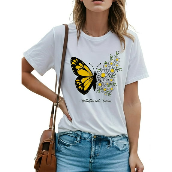 Mens Casual Daisy Butterfly Graphic Tshirt Round Neck Loose Top T-Shirt
