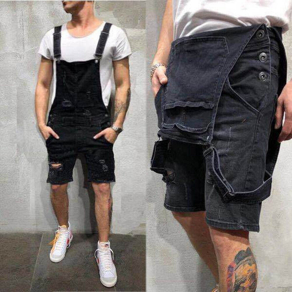 Mens Casual Denim Jeans Overalls Jumpsuit Dungarees Cargo Work Shorts  Playsuit Summer Clothing Street Distressed Denim Bib Overalls 