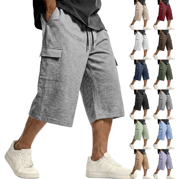 Mens Casual Drawstring Cargo Capri Shorts Relaxed Fit Lightweight Cotton Blend Knee Length Pants with Pockets for Outdoor Daily Wear