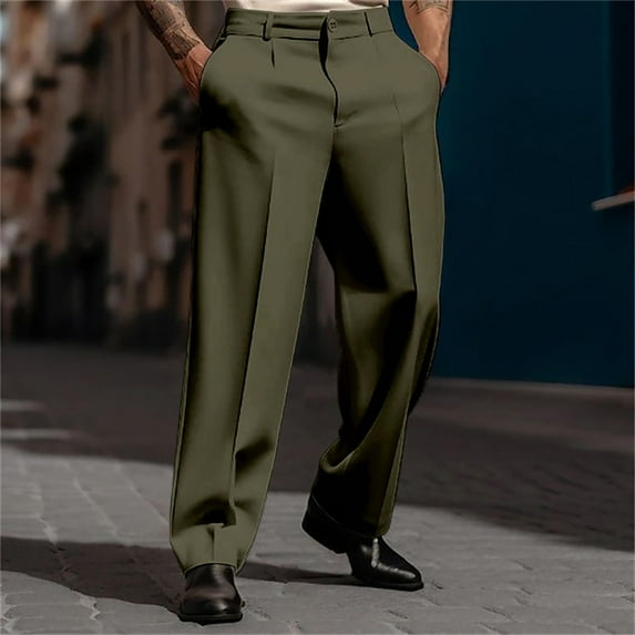Mens Casual Dress Pants Old Money Pleated Baggy Wide Leg Slacks Vintage Stylish Relaxed Fit Work TrousersArmy Green L