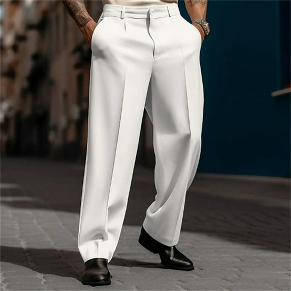 Mens Casual Dress Pants Old Money Pleated Baggy Wide Leg Vintage Relaxed Fit Slacks Work Office TrousersWhite L
