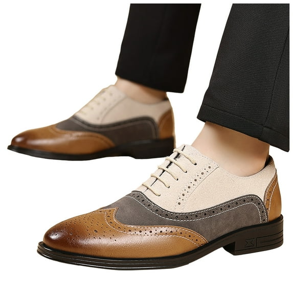 Mens Casual Dress Shoes Leather Wingtip Plain Business Shoes Block Low Heel Breathable Lace Up Loafers Beige Size 10