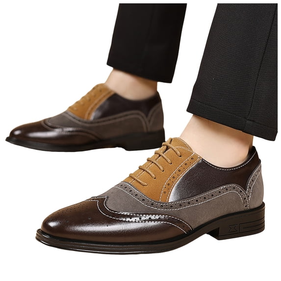 Mens Casual Dress Shoes Leather Wingtip Plain Business Shoes Block Low Heel Breathable Lace Up Loafers Brown Size 8.5