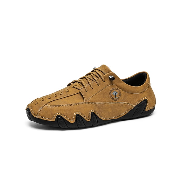 Mens Casual Driving Shoes Lightweight Leather Lace-up Loafers Comfortable Non-slip Breathable Walking Sneakers Brown 9 US