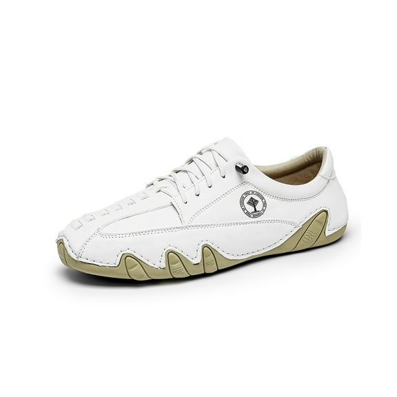 Mens Casual Driving Shoes Lightweight Leather Lace-up Loafers Comfortable Non-slip Breathable Walking Sneakers White 11 US