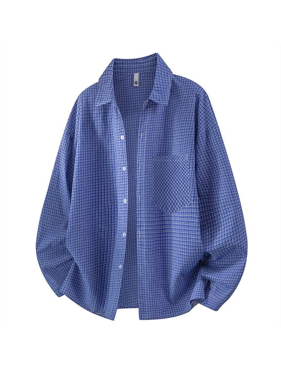 Mens Casual Elastic Plaid Button Down Overshirt Lapel Oversized Long Sleeve Breathable Woven Shirts with Chest Pocket