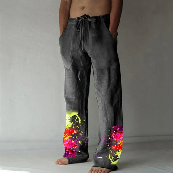 Mens Casual Elastic Waist Drawstring Pants Cotton Linen Baggy Lounge Pants Beach Trousers with Pockets Dark Gray 01 XL