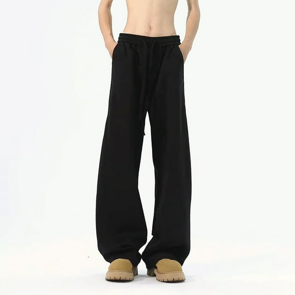 Mens Casual Elastic Waist Pants Loose Fit Drawstring Pants Lightweight Non Stretch Trouser (Black XXXL)