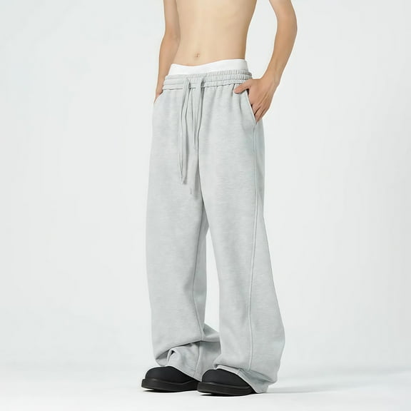 Mens Casual Elastic Waist Pants Loose Fit Drawstring Pants Lightweight Non Stretch Trouser (Grey XXS)