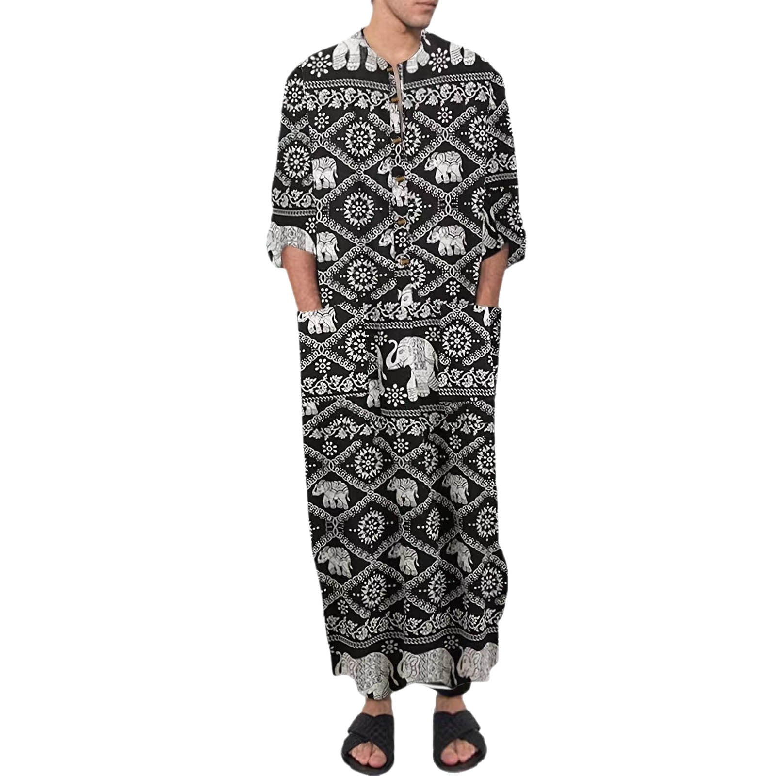 Mens Casual Elephant Ethnic Print Long Sleeve Robe Dubai Robe