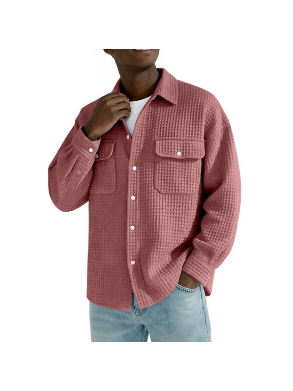 Mens Casual Fall Top Coat Lapel Button Down Long Sleeve Waffle Jacket with Pockets Travel Outfits Dad Gifts