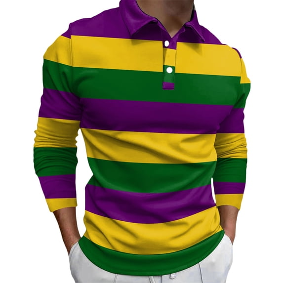 Mens Casual Fashion Color Matching Striped Shirt Base Carnival Digital Print Button Casual Lapel Long Sleeve T Shirt