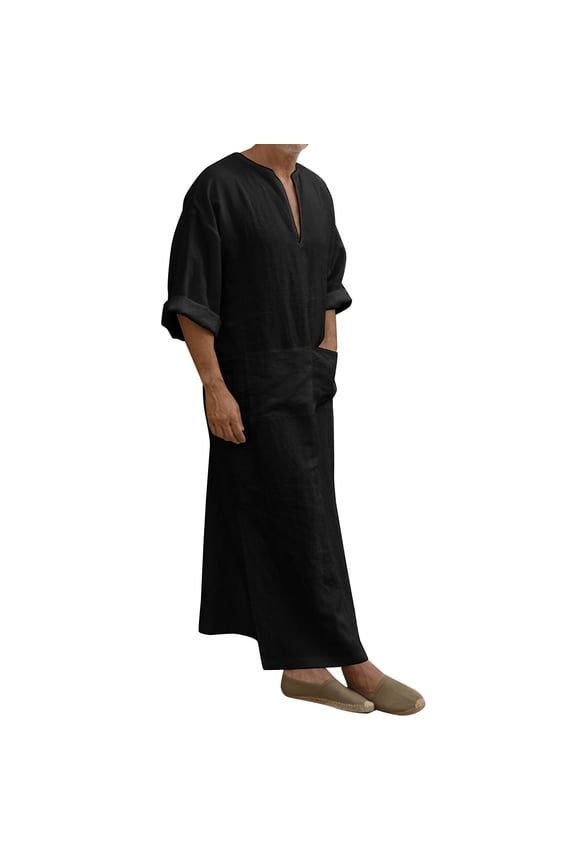 Mens Casual Fashion Cotton Linen V Neck Long Sleeve Robe Jacket