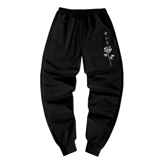 Mens Casual Fashion Loose Comfortable Rose Print Pocket Casual Pants