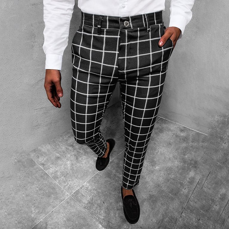 Mens Casual Fashion Plaid Skinny Pants Gentleman Business Slim Formal  Trousers