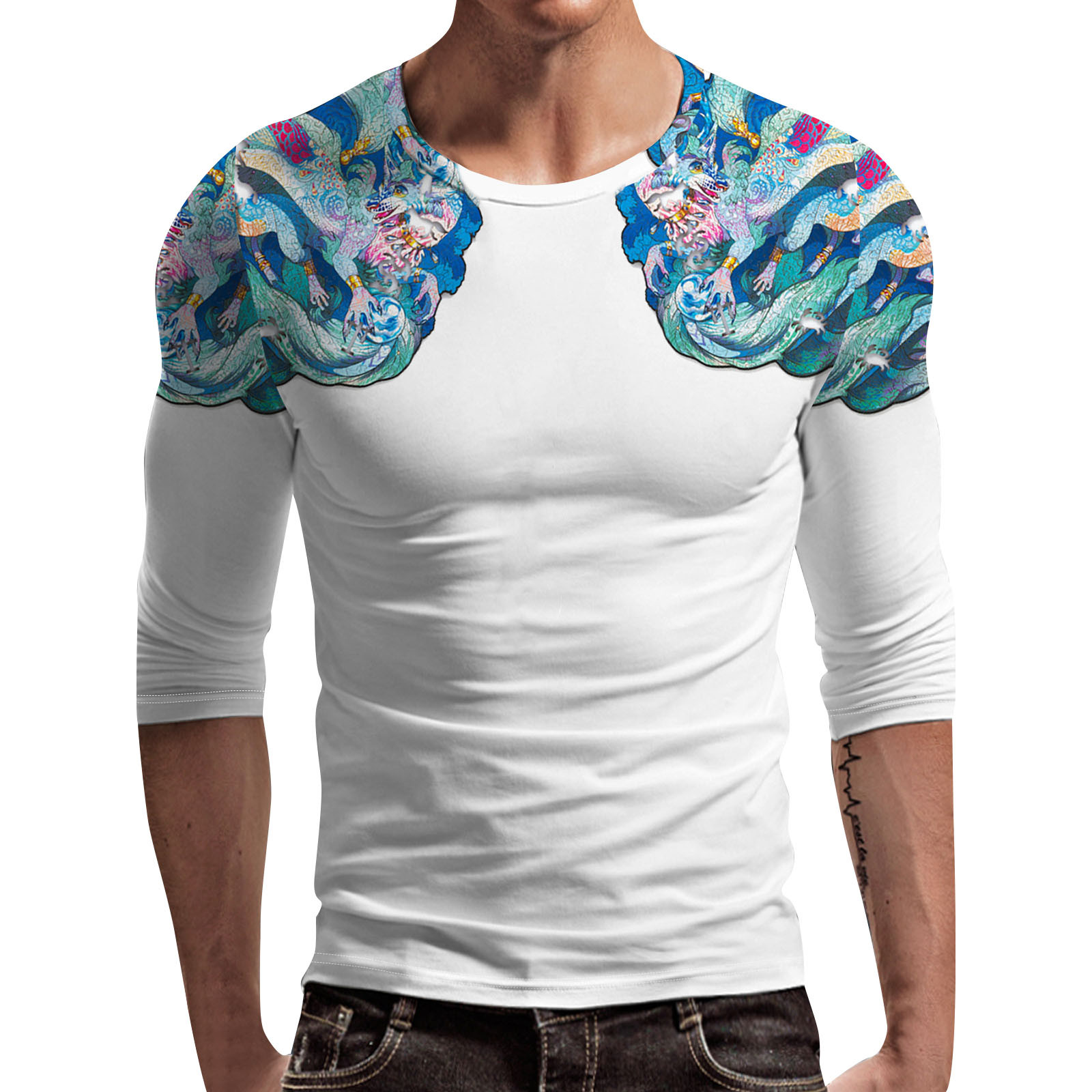 Mens Casual Fashion Printed Long Sleeve Base T Shirt Big Mens T Shirts Large Tall T Shirts