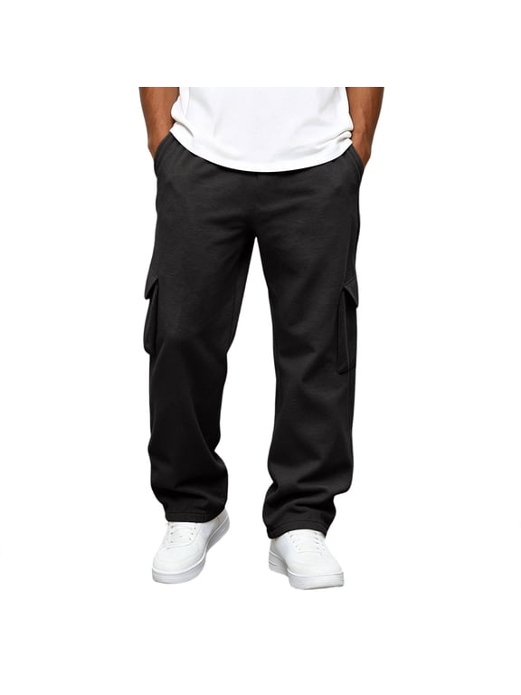 Mens Casual Fleece Cargo Sweatpants Straight Leg Drawstring Elastic Waist Long Pants with Four Pockets Relaxed Fit