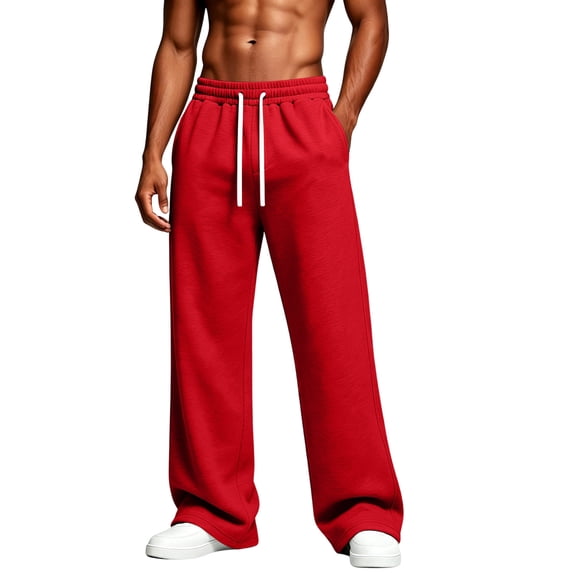 Mens Casual Fleece Lined Jogger Pants, Drawstring Elastic Waist Sweatpants, Loose Straight Leg For Daily Errands Red S