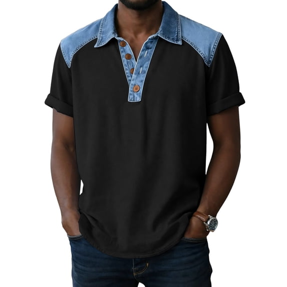 Mens Casual Golf Shirt Summer Short Sleeve Collared Button Down T-Shirts, Two-Tone Patchwork Untucked Regular Fit Lightweight Breathable Tops for Everyday Wear & Beach Vacation